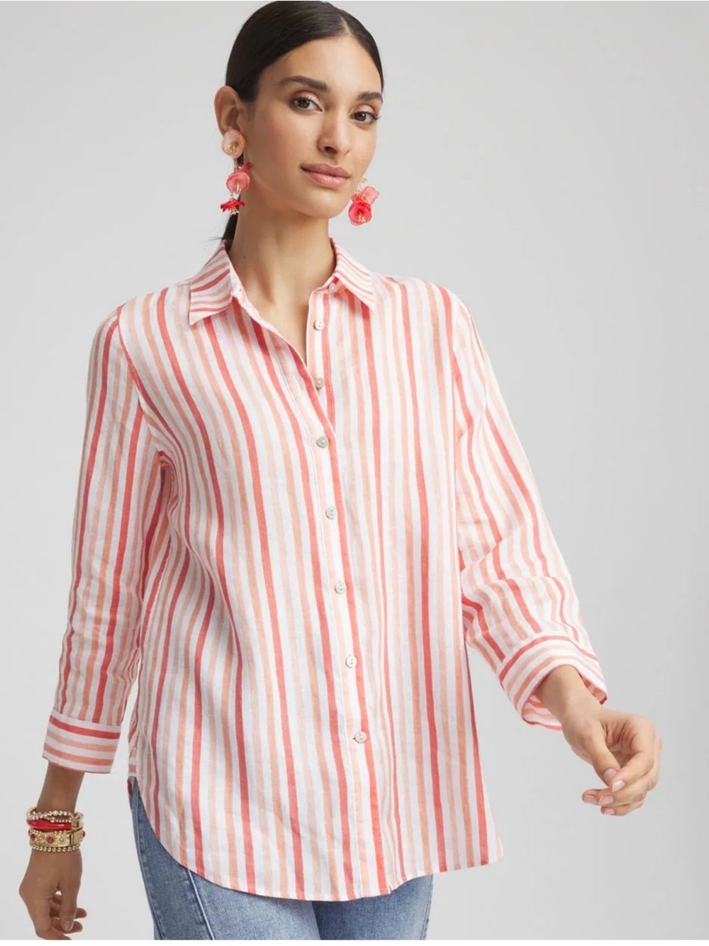 Chico's Pink and White Striped Button-Down Shirt No Iron Striped Linen Shirt 16